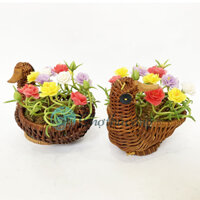 Giỏ hoa mười giờ đất sét mini Nhật Thái kết hợp Giỏ mây tre đan, rổ mây tự nhiên - chậu cây mini hoa handmade
