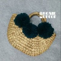 Giỏ lục bình pom pom xanh rêu đậm