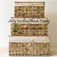 Giỏ mây đan ô cờ có nắp lót , hộp đựng đồ decor, khay mây Vintage Mây tre đan Thành Hương