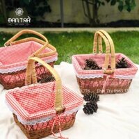 Giỏ Mây Picnic Lót vải Caro Đỏ- giỏ Mây Picnic Đựng Đò, Trái Cây-Giỏ Mây Picnic Đan Trà-Đan Trà Decor - 36x32