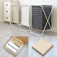 Giỏ sọt vải cỡ lớn đựng đồ giặt, quần áo bẩn có chân khung trụ sắt xếp gọn, vải chống thấm mẫu sọc caro nhiều màu
