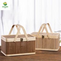 Giỏ tre AEROT, Hộp bánh trung thu phong cách Trung Quốc cổ điển, Hộp đóng gói lễ hội tự nhiên có nắp Giỏ đựng bánh mì dệt năm mới