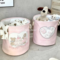 Giỏ vải quai xách đựng quần áo gấu bông màu hồng