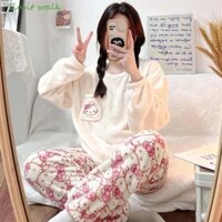 Giới HẠN WALK Kitty Cat Bộ Đồ Ngủ Sang Trọng Màu Hồng Homewear Quần Dài Tay Phù Hợp Với Nữ