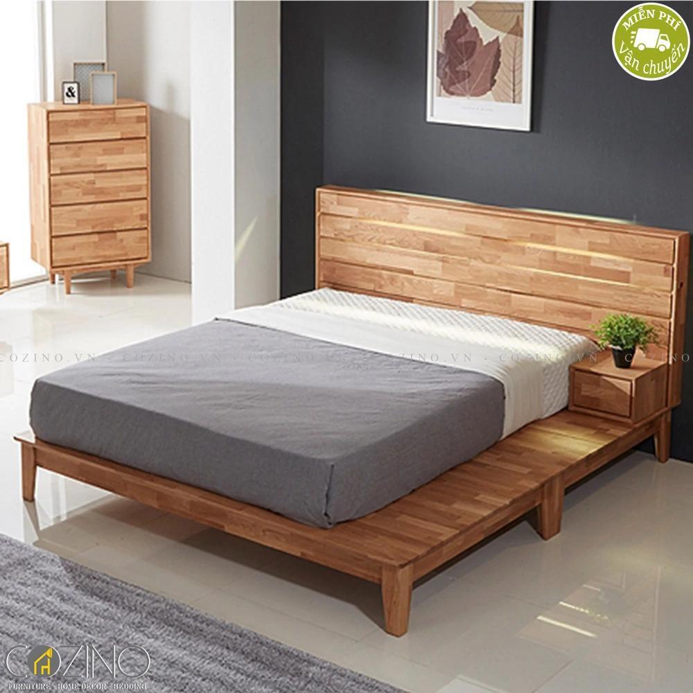 Giường đôi Calla liền tủ đầu giường gỗ cao su 1m6