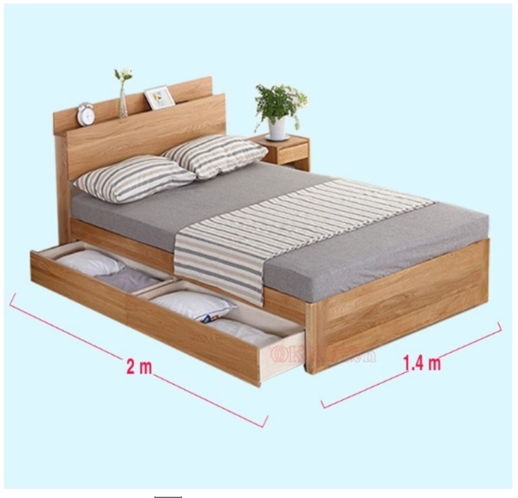 Giường gỗ đẹp có ngăn kéo và kệ đầu giường dài 1.4m GCN24
