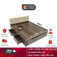 Giường ngủ( Gỗ Công nghiệp MDF phủ melamine ) bọc nệm đầu giường, có ngăn kéo, nệm màu vàng.