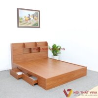 Giường Ngủ Hộp Gỗ Mdf Melamine Màu Xoan Đào Có Hộc Kéo + Kệ Trang Trí