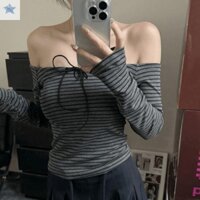 Gjcute Áo lệch vai nữ mùa thu Áo thun sọc dài tay gợi cảm VN