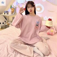 Gjcute Casual Home Hoạt Hình Kẻ Sọc Quần Dài Tay Bộ Đồ Ngủ Nữ VN