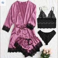 Gjcute Châu Âu Và Mỹ Nữ Bộ Đồ Ngủ Gợi Cảm Đa Mảnh Phù Hợp Với Ren Satin Suspender Áo Viền VN