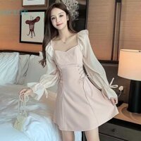 Gjcute Đầm mini Cổ Vuông Tay Dài Thanh Lịch Cổ Điển Hàn Quốc Mặc Thường Ngày Wd