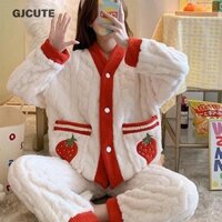 Gjcute Đào Dâu Cardigan Ấm Áp Dày Thường Ngày Bộ Đồ Ngủ Lông Cừu San Hô WTD