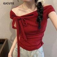 Gjcute Mùa Hè Hàn Quốc Sang Trọng Tắt Vai Áo Thun Nữ Màu Trơn Nơ Phối Ôm Crop Top WTD