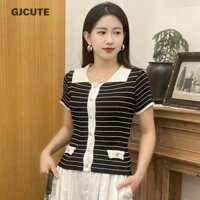 Gjcute Mùa Hè Hàn Quốc Sọc Ve Áo Ngắn Tay Ôm Dệt Kim Áo Thun Nữ WTD