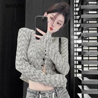Gjcute Thời Trang Nữ Dạo Phố Dài Tay Sang Trọng Xếp Ly Mỏng Ngắn Dệt Kim Cardigan WTD