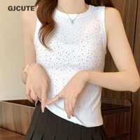 Gjcute Thời Trang Sang Trọng Kim Cương Giả Cổ Tròn Không Tay Mỏng Dệt Kim Áo Vest Nữ WTD