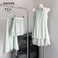 Gjcute Thời Trang Xanh Hoa Hồng Không Tay Dây Cổ Tròn Áo Sơ Mi Quần Short Hai Mảnh WTD