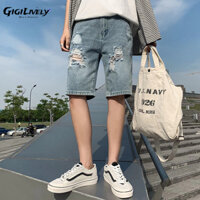 GL Nam Quần Short Denim Slim Fit Rời Rách Quần Short Nam Không Co Giãn Retro Crop Quần