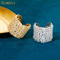 Gloriya Kẻ Sọc Quý Viền Cubic Zirconia Rỗng Ra Mở Có Thể Điều Chỉnh Rộng Nhẫn Vàng Vàng Mạ Bạc Nữ Ngón Tay Trang Sức Cho Tiệc R085