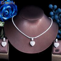 Gloriya Lãng Mạn Hình Trái Tim Mặt Dây Chuyền Vòng Cổ Bông Tai Bộ Pave Nhỏ AAA Cubic Zircon Nữ Trắng Mạ Vàng Bộ Trang Sức Cho Tiệc Dting JS230