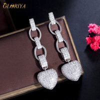 Gloriya thời trang hàn quốc màu bạc lát aaa tniy sáng bóng khối zircon hình trái tim thả dài bông tai dangle phụ nữ trang sức tai cho buổi tối hẹn hò e711