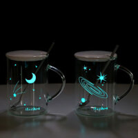 Glow-in-the-Dark Heat-Resistant Glass Cup with Handle Starry Sky Office Men and Women Water Cup Tea Coffee Transparent Mug with Lid Spoon FUHS