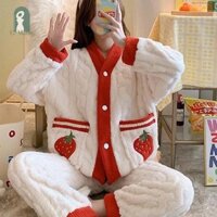 Gmarty Đào Dâu Cardigan Ấm Áp Dày Thường Ngày Bộ Đồ Ngủ Lông Cừu San Hô KL