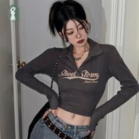 Gmarty Mỹ Retro In Chữ Ve Áo Dài Tay Áo Thun Nữ Crop Top KL