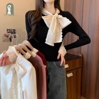 Gmarty Thu Đông Pháp Phối Ren Cổ Nơ Dài Tay Áo Len Dệt Kim Mỏng Cho Nữ KL