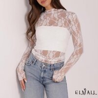 Gml-áo Sheer Áo Ren Họa Tiết Hoa Cổ Dài Tay Áo Thun Thường Ngày Cho Tiệc Đi Biển