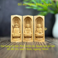 gỗ bồ đề, cao 13cm, bộ tượng Địa Tạng bồ tát- Phật A Di Đà- Quan Thế Âm bồ tát