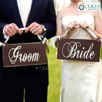 [GỖ]Bảng hashtag cầm tay chụp hình cưới Bride Groom nâu trắng bộ 2 cái trang trí cưới TTC-15 TAN