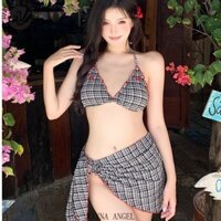 (Góc Wayna) Cô Gái Dễ Thương Nơ Nhỏ Retro Kẻ Sọc Ba Mảnh Váy Bikini Ngực Nhỏ Riêng Biệt Cùng Nhau