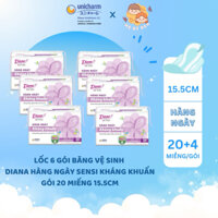 [GÓI 20+4] Lốc 6 gói Băng Vệ Sinh Diana Hàng Ngày Sensi Kháng Khuẩn Gói 20 Miếng 15.5cm