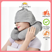 Gối chữ U bơm hơi kèm mũ trùm đầu ngủ trưa văn phòng đi xe máy bay, gối chữ U gấp gọn tiện lợi