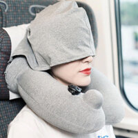 Gối hơi du lịch tự bơm hơi kèm mũ trùm đầu, Gối U kê cổ ngồi văn phòng hay đi máy bay vừa nhỏ gọn lại tiện lợi