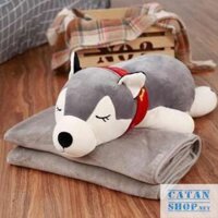 Gối mền chó Husky siêu cute 3 trong 1, nỉ nhung cực mịn, bộ chăn gối văn phòng, gấu bông kèm mền