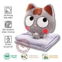 Gối Mền Mèo Con 3 Trong 1  Nỉ Nhung Mịn - Bộ Chăn Gối Văn Phòng