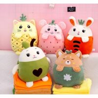 GỐI MỀN Trái Cây hình thú cute, thun 4 chiều siêu mịn, bộ chăn gối văn phòng, gấu bông kèm mền 3 trong 1