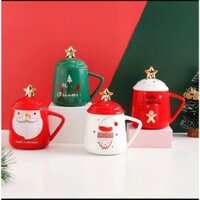 Gói quà Hỏa tốc - Ly sứ Giáng Sinh ông già Noel 400ml, Cốc sứ cây thông Merry Christmas, Ly sứ có quai, muỗng ngôi sao