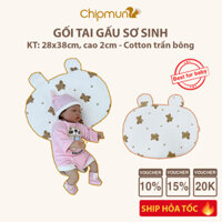 Gối tai gấu lót đầu cho bé sơ sinh 0-12 tháng trần bông cao cấp CHIPMUNK vỏ tháo rời - KT 28x38cm, cao 2cm