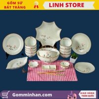 Gốm Bát Tràng Bộ đồ ăn sứ Bát Tràng men kem 20 món vẽ đào hồng gốm Linh Store Bát Tràng