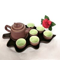 Gốm tử sa Bát Tràng - Bộ ấm chén tử sa quai trúc vai vuông khay hình lá tuyệt đẹp - Dung tích 350 ml