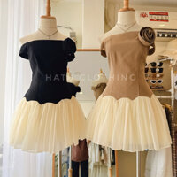 Gomi Dress - Đầm ngắn dáng xoè kiểu trễ vai siêu tôn eo tôn dáng 3 tông màu hồng , đen , nâu siêu xinh