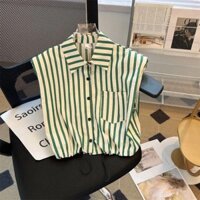 Goouliu Áo Sơ Mi Không Tay Cổ polo Dây Rút Họa Tiết Kẻ Sọc Màu Xanh Lá Thời Trang Mùa Hè Cho Nữ