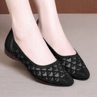 Gót Thấp Nữ Baotou Đế Bằng Giày Mẹ Trung Niên Giày Nữ Dép Xuân Hè Giày Đơn Da Thật Mềm Rỗng Nhẹ Lưới