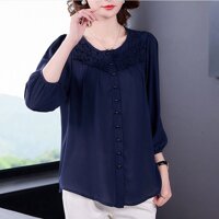 GOTI - Áo Sơ Mi Quý Bà Voan Dáng Rộng Dáng Áo Kiểu Trung Niên Vạt Nhọn In Hoa - ÁO TRUNG NIÊN CAO CẤP 3A14 - 3A08 - XANH ĐEN - 3XL 74-80KG