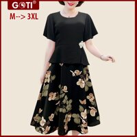 GOTI - Đầm Dáng Dài Tuổi Trung Niên Kiểu Đầm Dự Tiệc Trung Niên Dáng Xòe Phối Phụ Kiện GOTI 3330 - ĐEN HOA LÁ 3330 - L 53-58KG