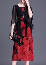 GOTI - ĐẦM TRUNG NIÊN - ĐẦM DỰ TIỆC TRUNG NIÊN DÁNG DÀI VOAN HOA KIỂU ĐẦM ĐẸP U50 U60 TẶNG MẸ 3269  - LÁ ĐỎ 3205 - XL 58-63KG